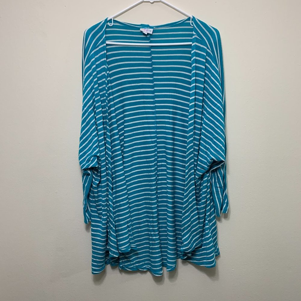 LuLaRoe Lindsay kimono- Bright teal/White stripes